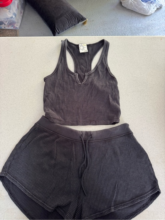 Offline Other - OFFLINE Waffle Knit Racerback Crop Top and Drawstring Shorts Set - Charcoal